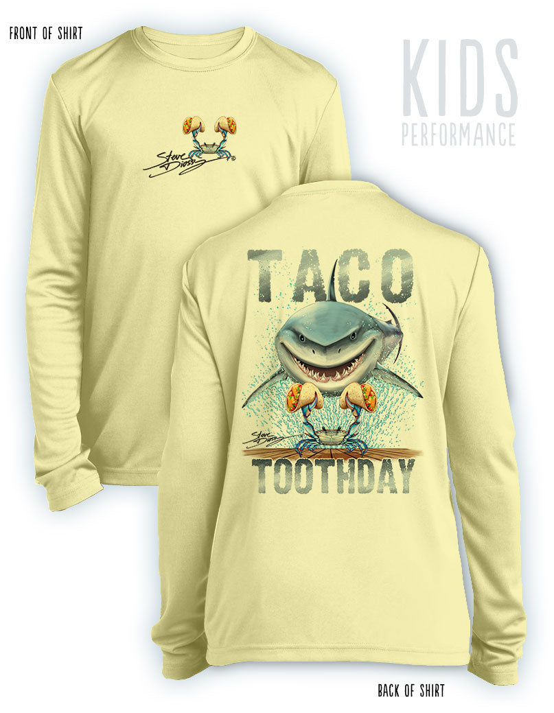 Taco Toothday- KIDS Long Sleeve Performance Shirt- 100% Polyester